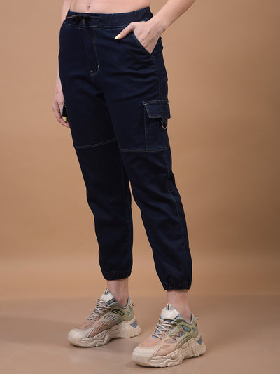 Women's Blue Cargo Joggers-Women Jeans-Crimsoune Club