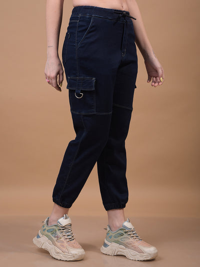 Women's Blue Cargo Joggers-Women Jeans-Crimsoune Club