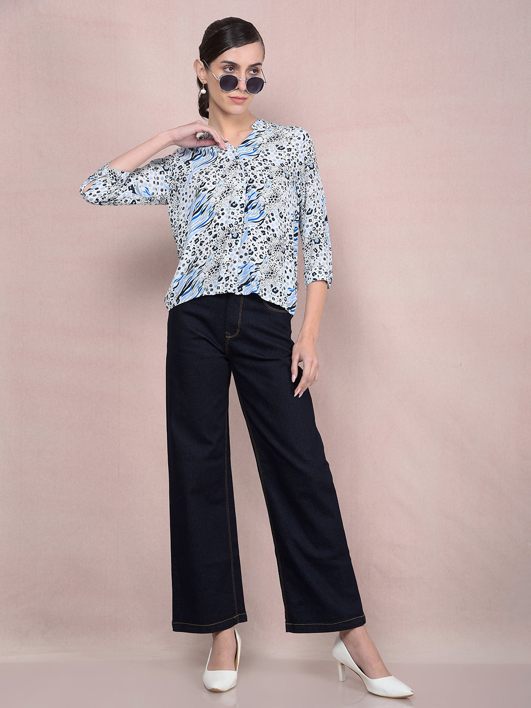 Navy Blue Wide-Leg Jeans-Women Jeans-Crimsoune Club