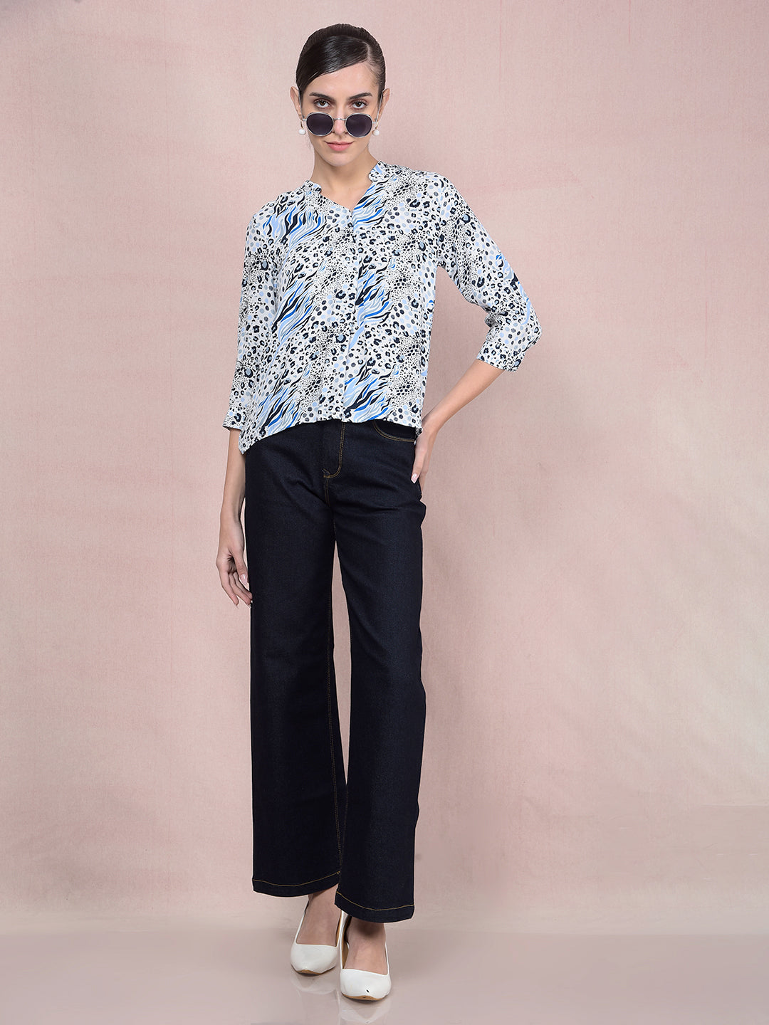 Navy Blue Wide-Leg Jeans-Women Jeans-Crimsoune Club