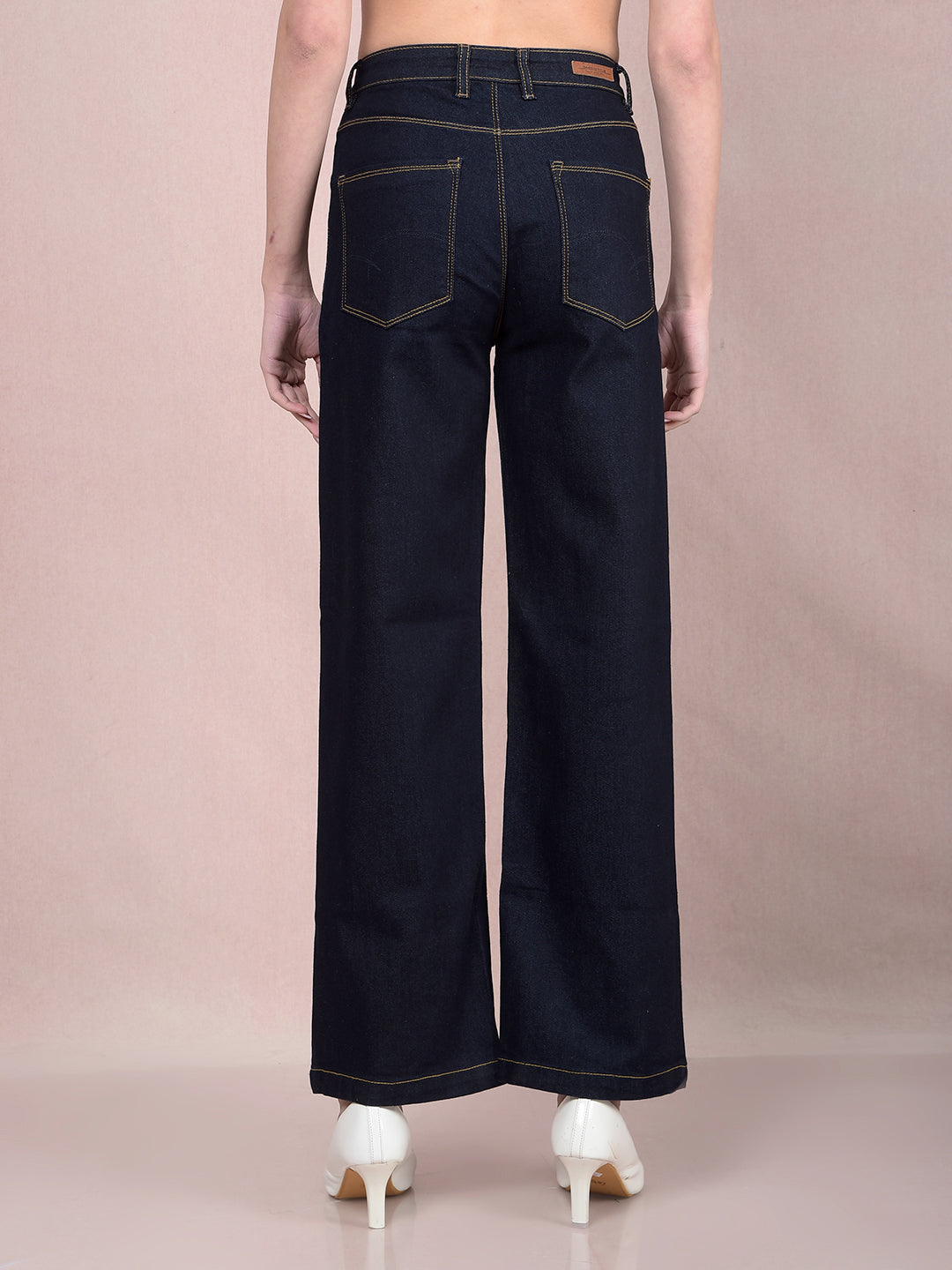 Navy Blue Wide-Leg Jeans-Women Jeans-Crimsoune Club