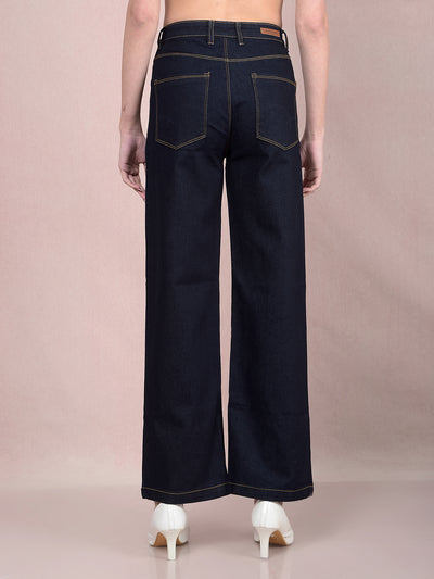 Navy Blue Wide-Leg Jeans-Women Jeans-Crimsoune Club