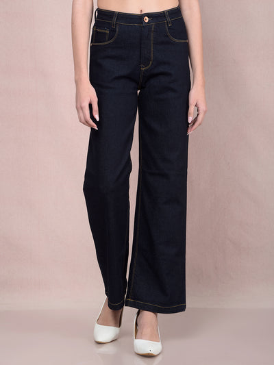 Navy Blue Wide-Leg Jeans-Women Jeans-Crimsoune Club