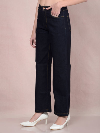 Navy Blue Wide-Leg Jeans-Women Jeans-Crimsoune Club