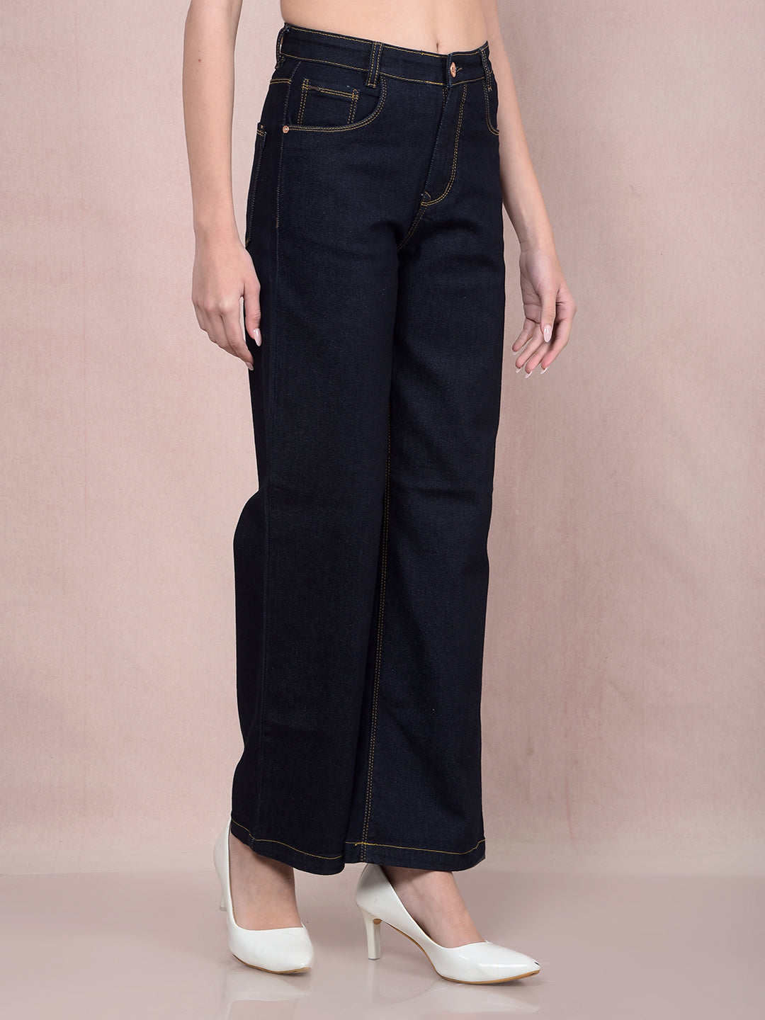 Navy Blue Wide-Leg Jeans-Women Jeans-Crimsoune Club