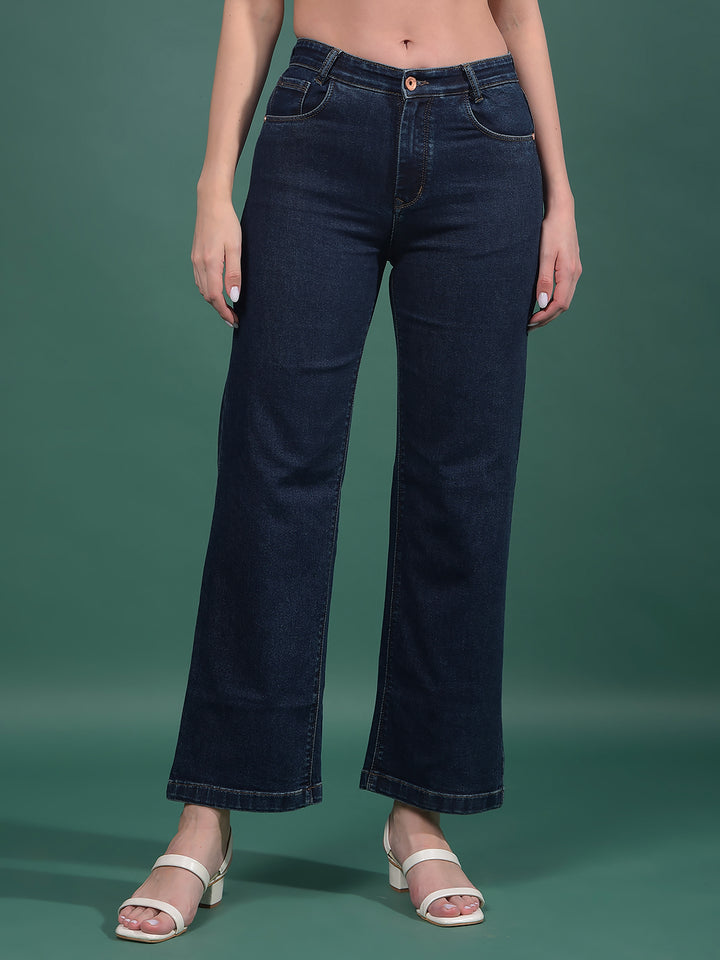 Navy Blue Wide-Leg Jeans-Women Jeans-Crimsoune Club