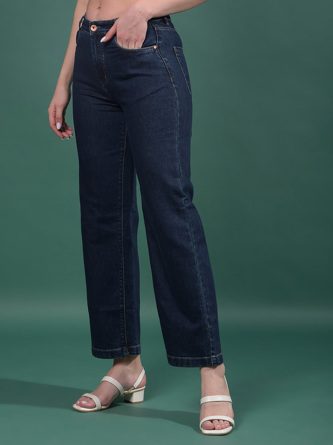 Navy Blue Wide-Leg Jeans-Women Jeans-Crimsoune Club