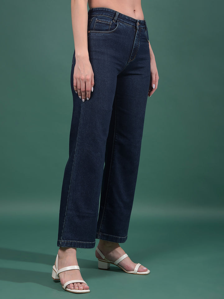 Navy Blue Wide-Leg Jeans-Women Jeans-Crimsoune Club