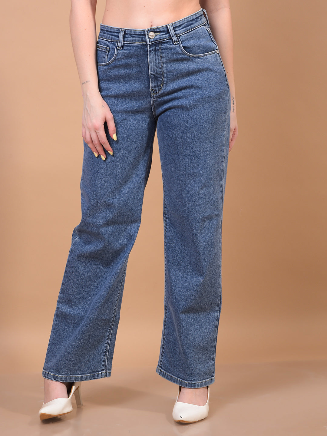 Women's Blue Wide-Leg Jeans-Women Jeans-Crimsoune Club