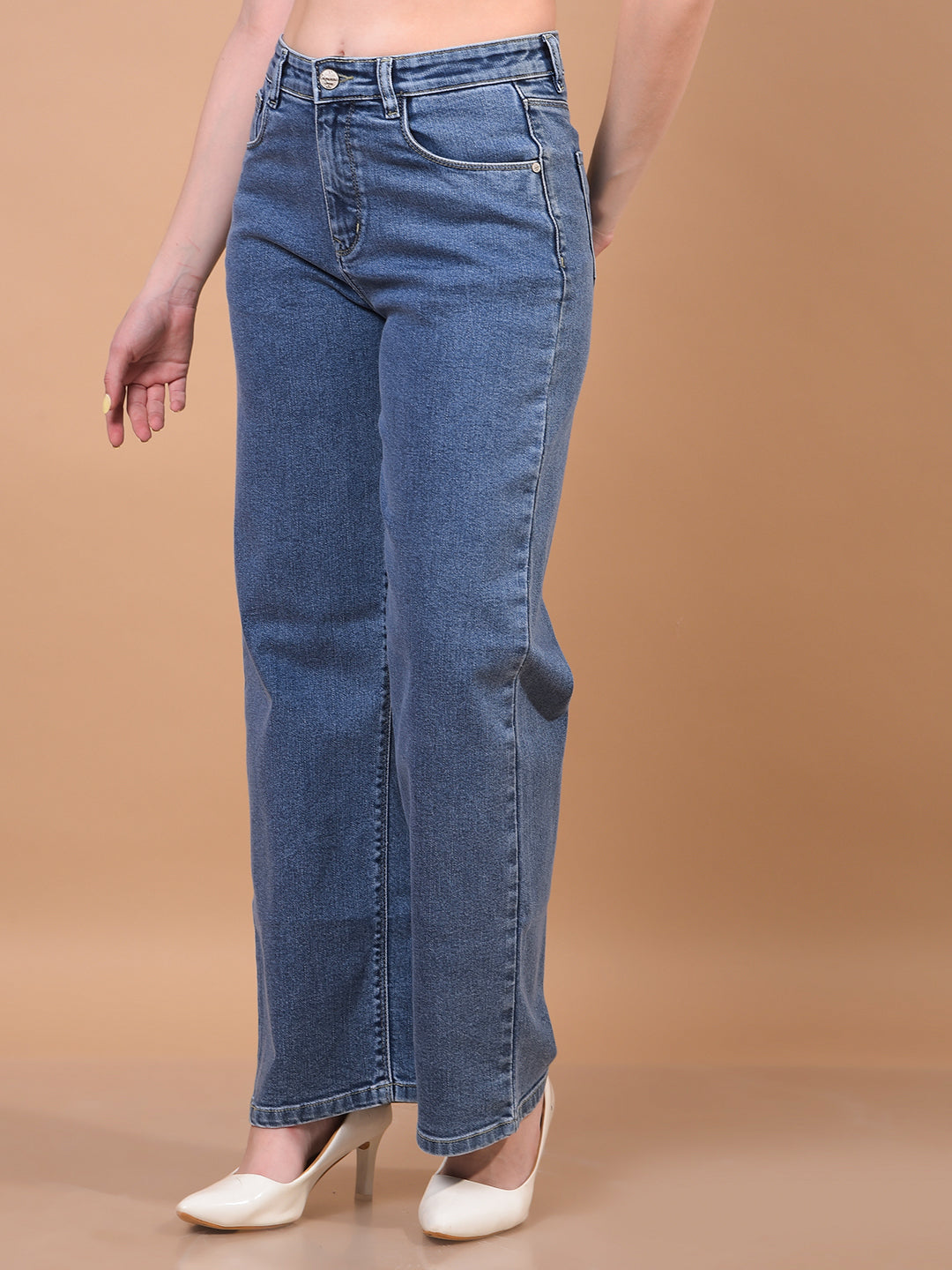 Women's Blue Wide-Leg Jeans-Women Jeans-Crimsoune Club