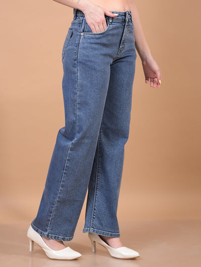 Women's Blue Wide-Leg Jeans-Women Jeans-Crimsoune Club