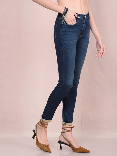 Navy Blue Skinny High-Waist Jeans-Women Jeans-Crimsoune Club