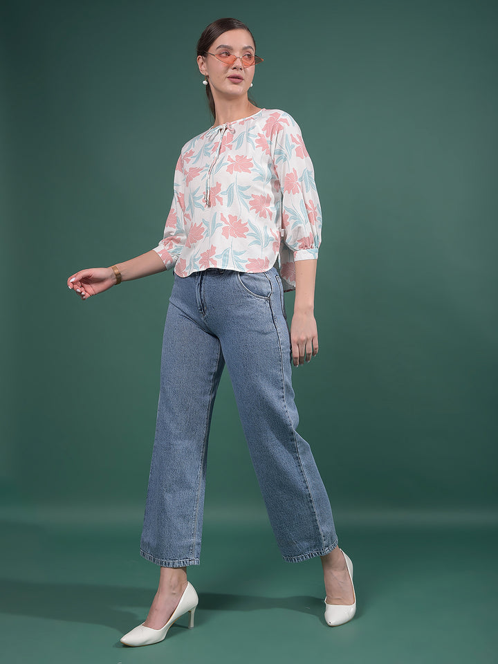Blue 100% Cotton Wide-Leg Jeans-Women Jeans-Crimsoune Club