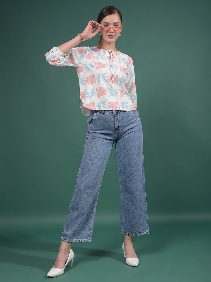 Blue 100% Cotton Wide-Leg Jeans-Women Jeans-Crimsoune Club