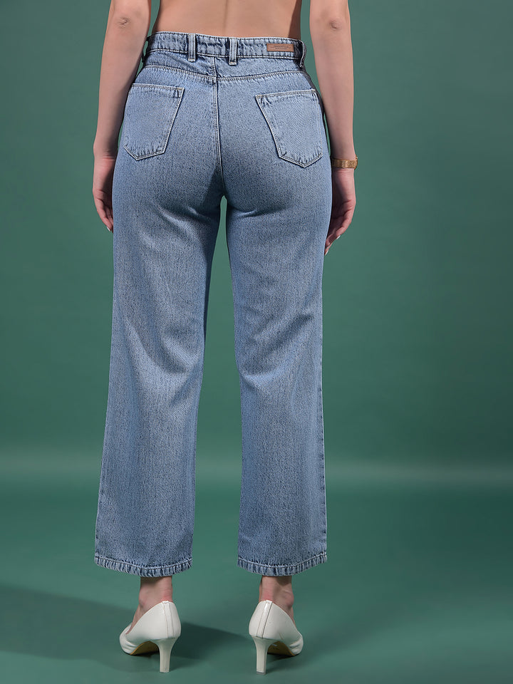 Blue 100% Cotton Wide-Leg Jeans-Women Jeans-Crimsoune Club