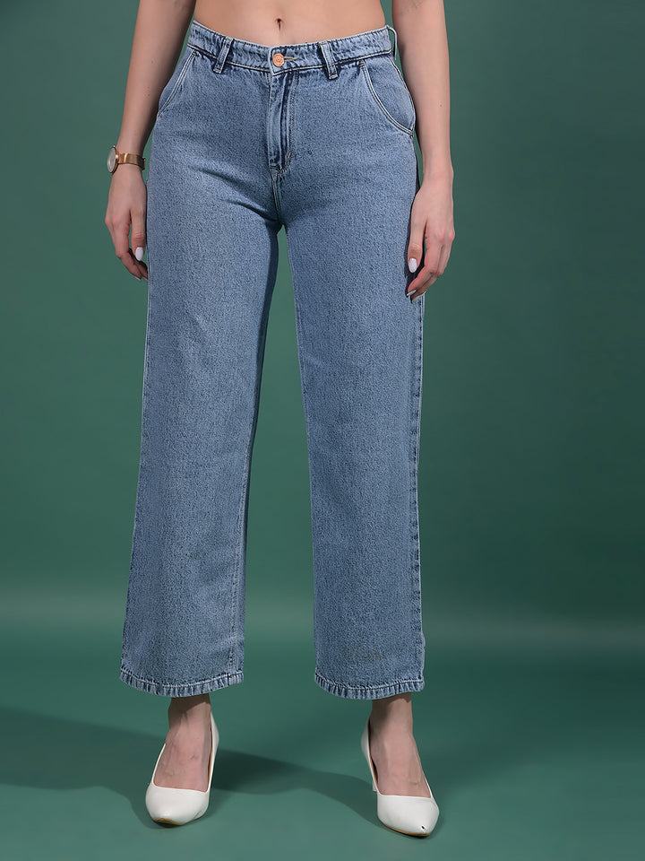 Blue 100% Cotton Wide-Leg Jeans-Women Jeans-Crimsoune Club