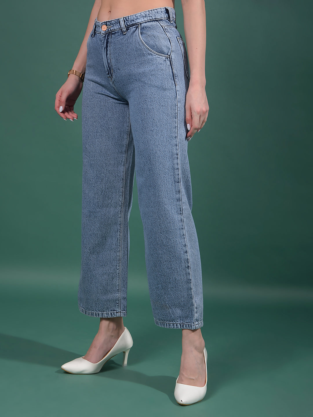 Blue 100% Cotton Wide-Leg Jeans-Women Jeans-Crimsoune Club