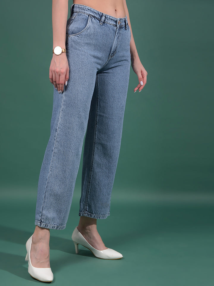 Blue 100% Cotton Wide-Leg Jeans-Women Jeans-Crimsoune Club