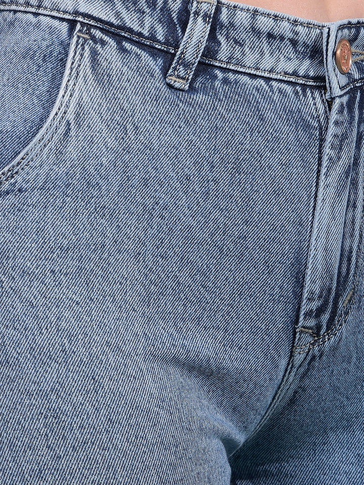 Blue 100% Cotton Wide-Leg Jeans-Women Jeans-Crimsoune Club