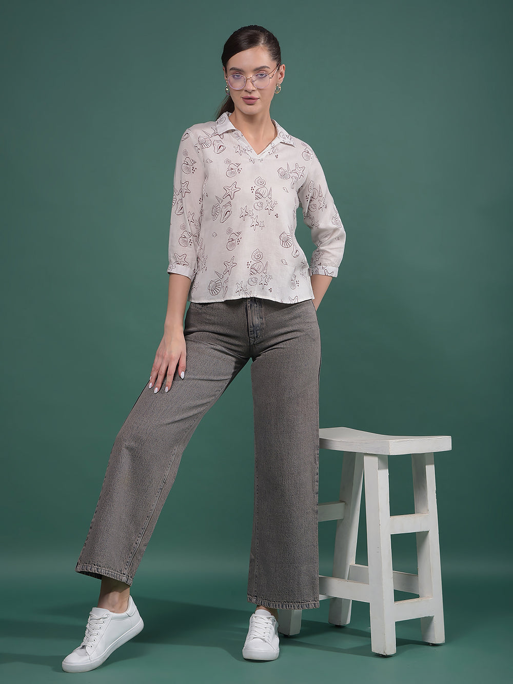 Grey 100% Cotton Wide-Leg Jeans-Women Jeans-Crimsoune Club