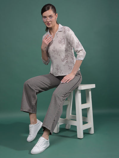 Grey 100% Cotton Wide-Leg Jeans-Women Jeans-Crimsoune Club