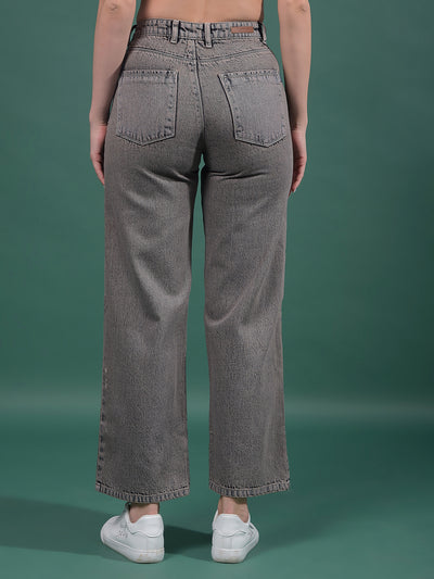 Grey 100% Cotton Wide-Leg Jeans-Women Jeans-Crimsoune Club