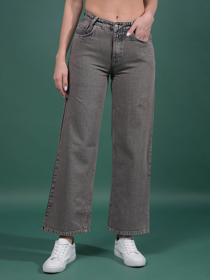 Grey 100% Cotton Wide-Leg Jeans-Women Jeans-Crimsoune Club