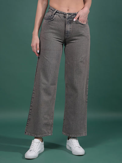 Grey 100% Cotton Wide-Leg Jeans-Women Jeans-Crimsoune Club