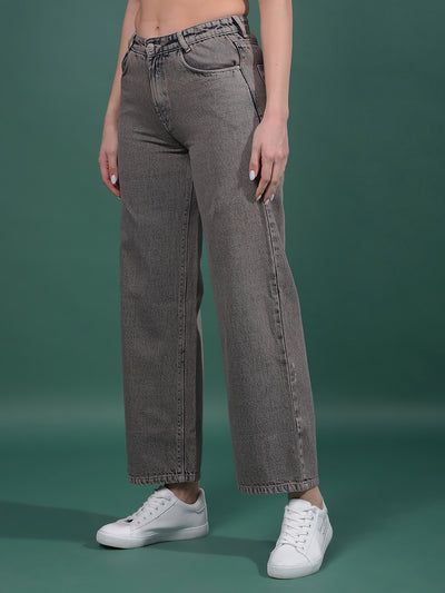 Grey 100% Cotton Wide-Leg Jeans-Women Jeans-Crimsoune Club