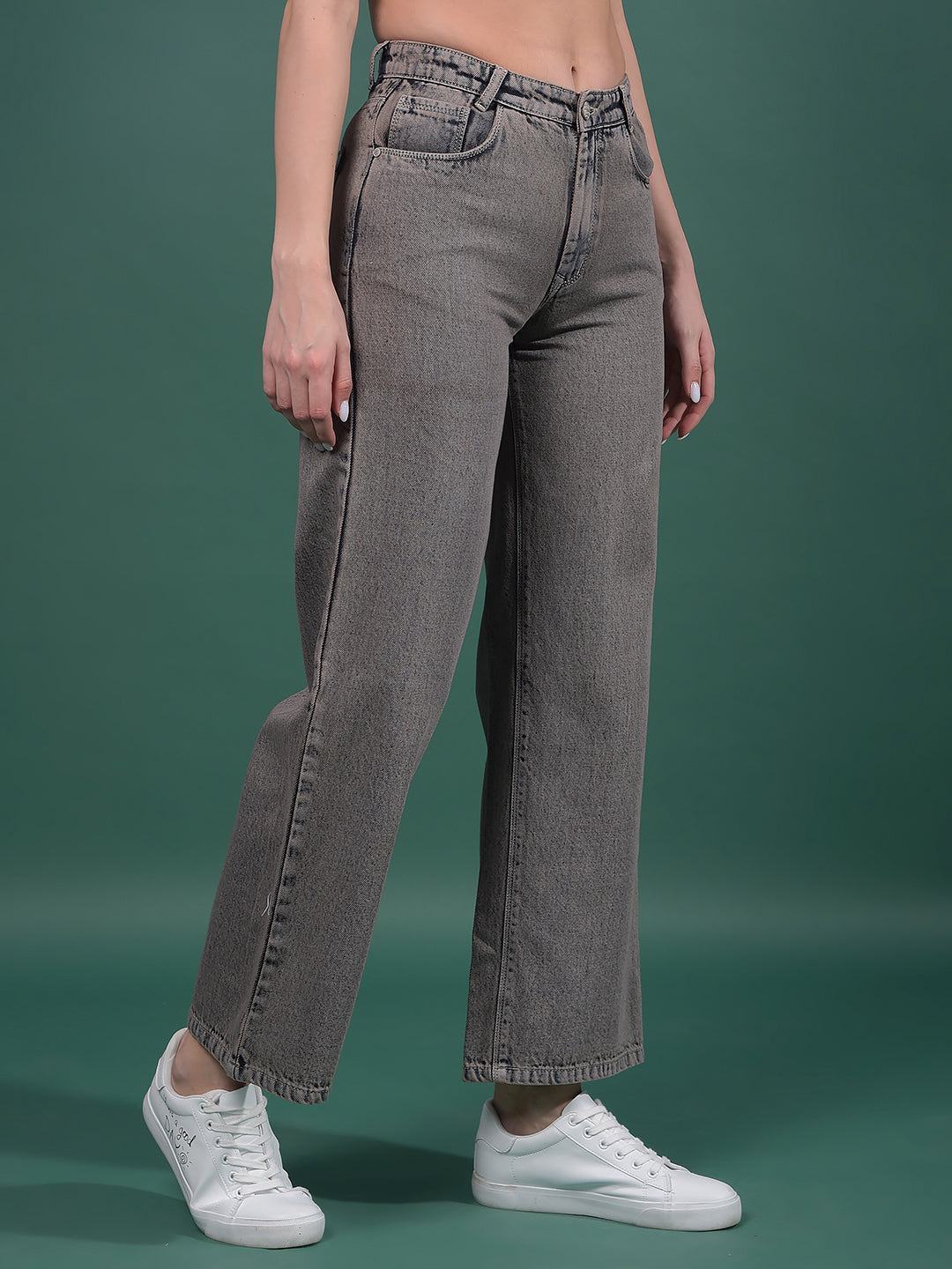 Grey 100% Cotton Wide-Leg Jeans-Women Jeans-Crimsoune Club