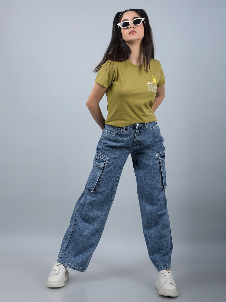 Blue 100% Cotton Baggy Cargo Jeans-Women Jeans-Crimsoune Club