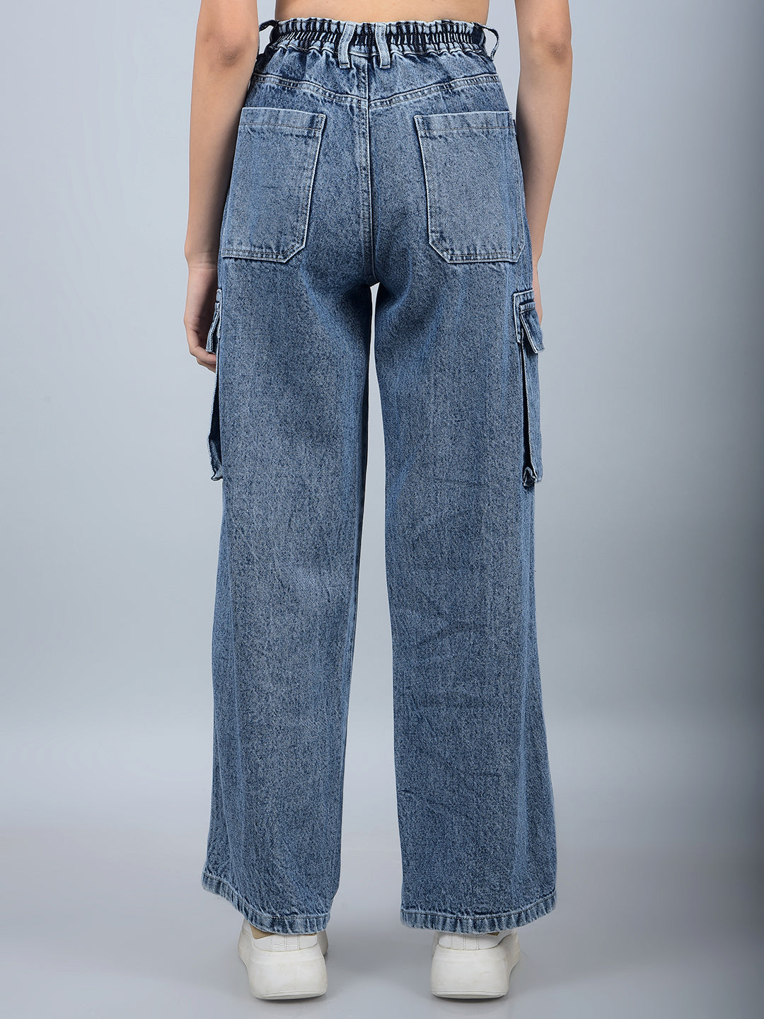 Blue 100% Cotton Baggy Cargo Jeans-Women Jeans-Crimsoune Club