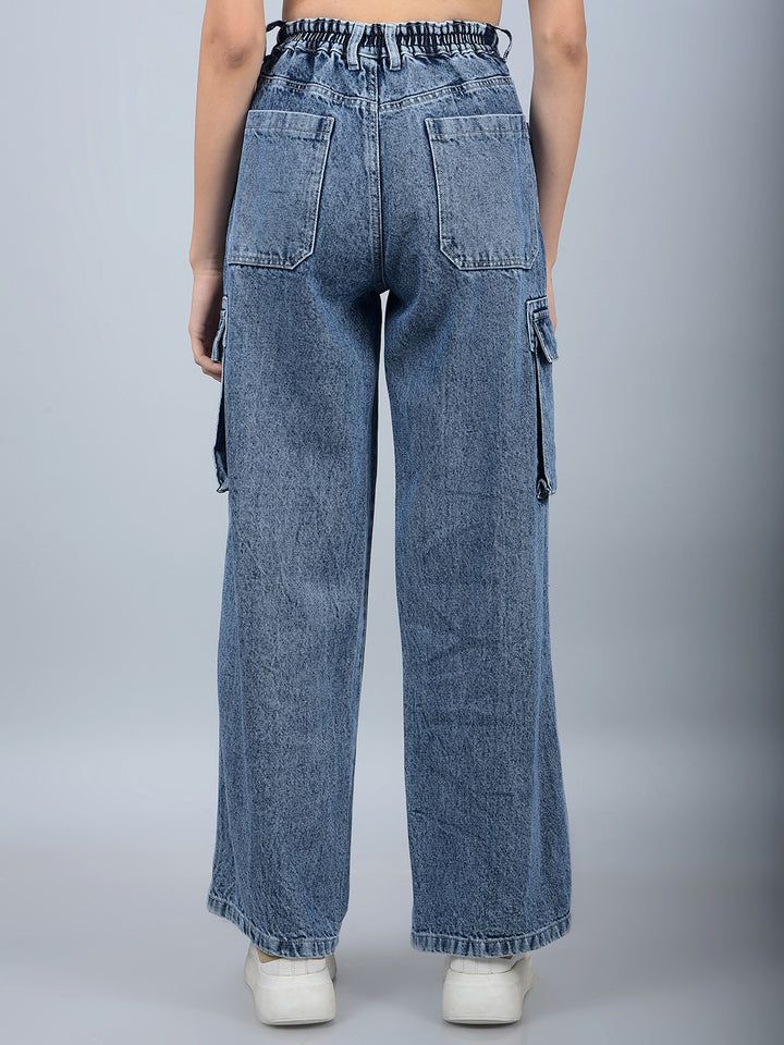 Blue 100% Cotton Baggy Cargo Jeans-Women Jeans-Crimsoune Club