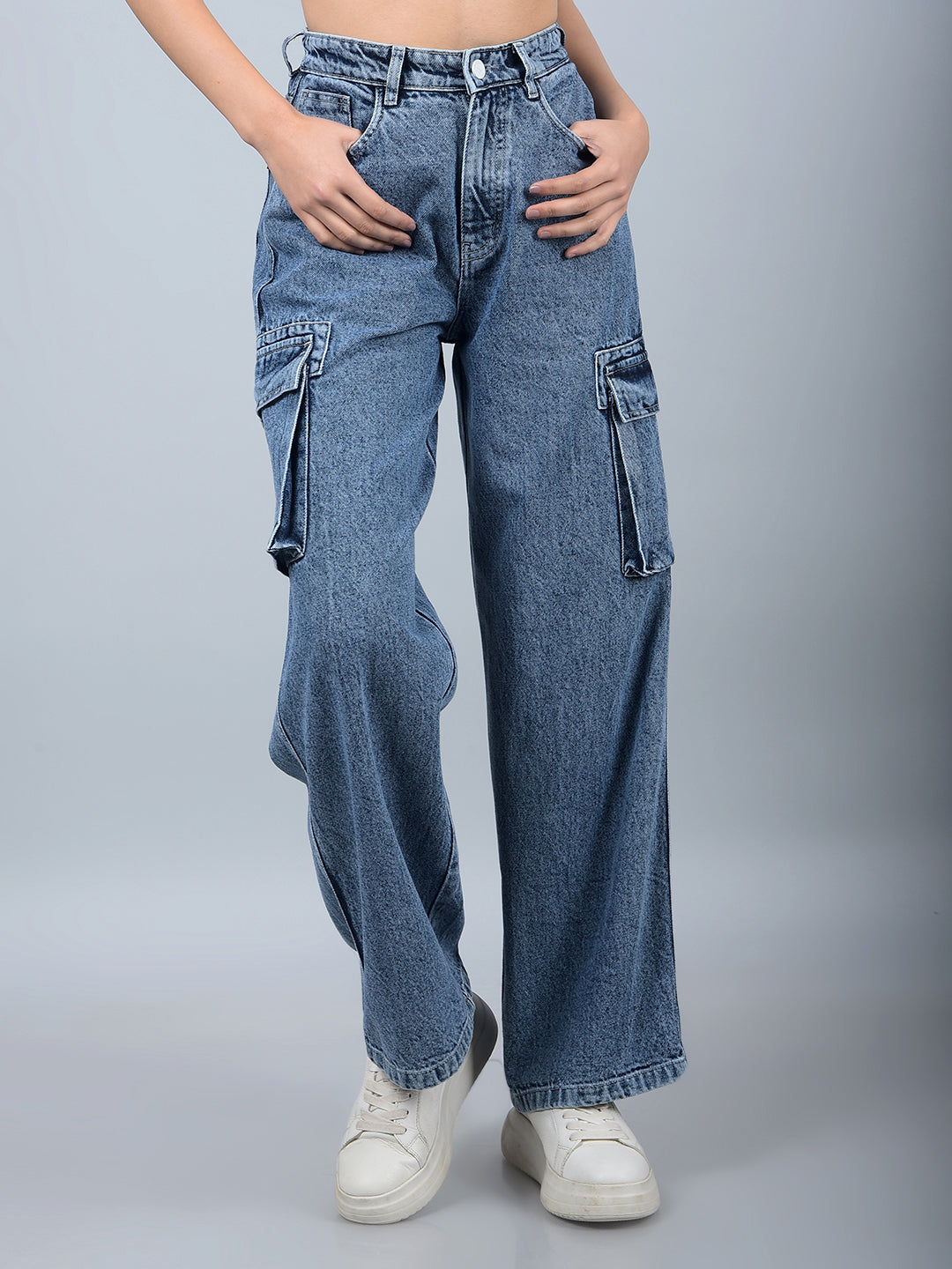 Blue 100% Cotton Baggy Cargo Jeans-Women Jeans-Crimsoune Club