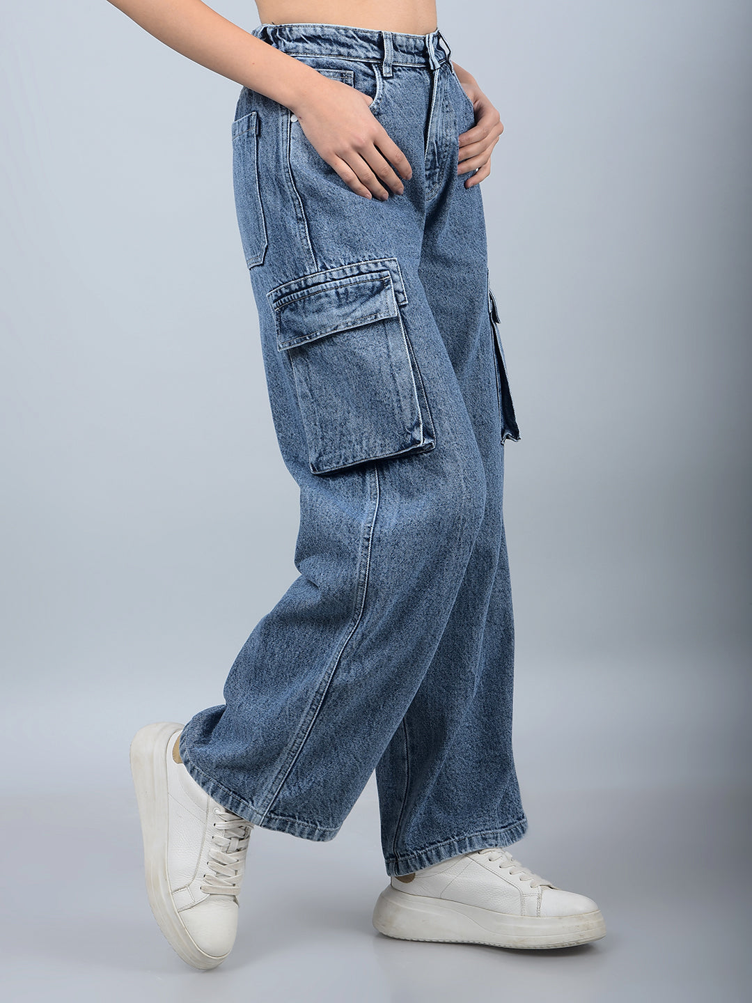 Blue 100% Cotton Baggy Cargo Jeans-Women Jeans-Crimsoune Club