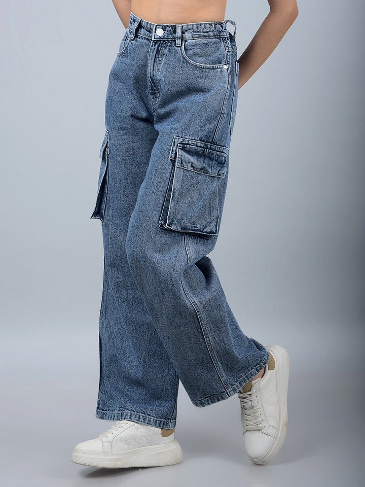 Blue 100% Cotton Baggy Cargo Jeans-Women Jeans-Crimsoune Club