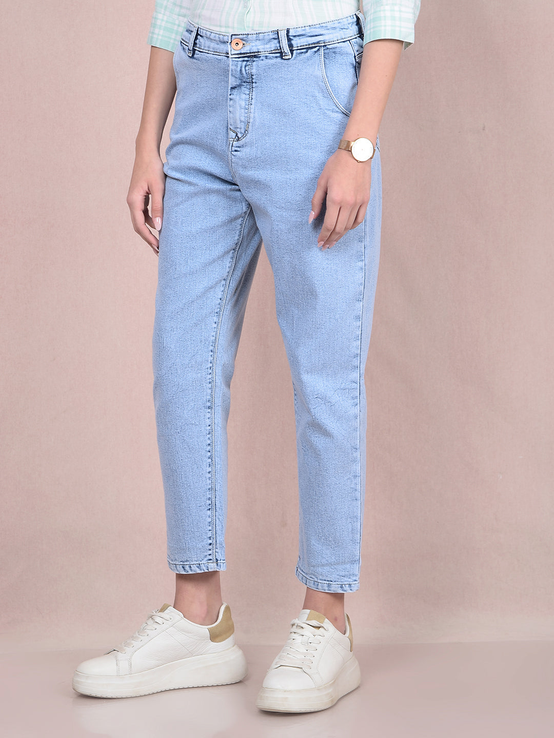 Blue Mom Fit Jeans-Women Jeans-Crimsoune Club