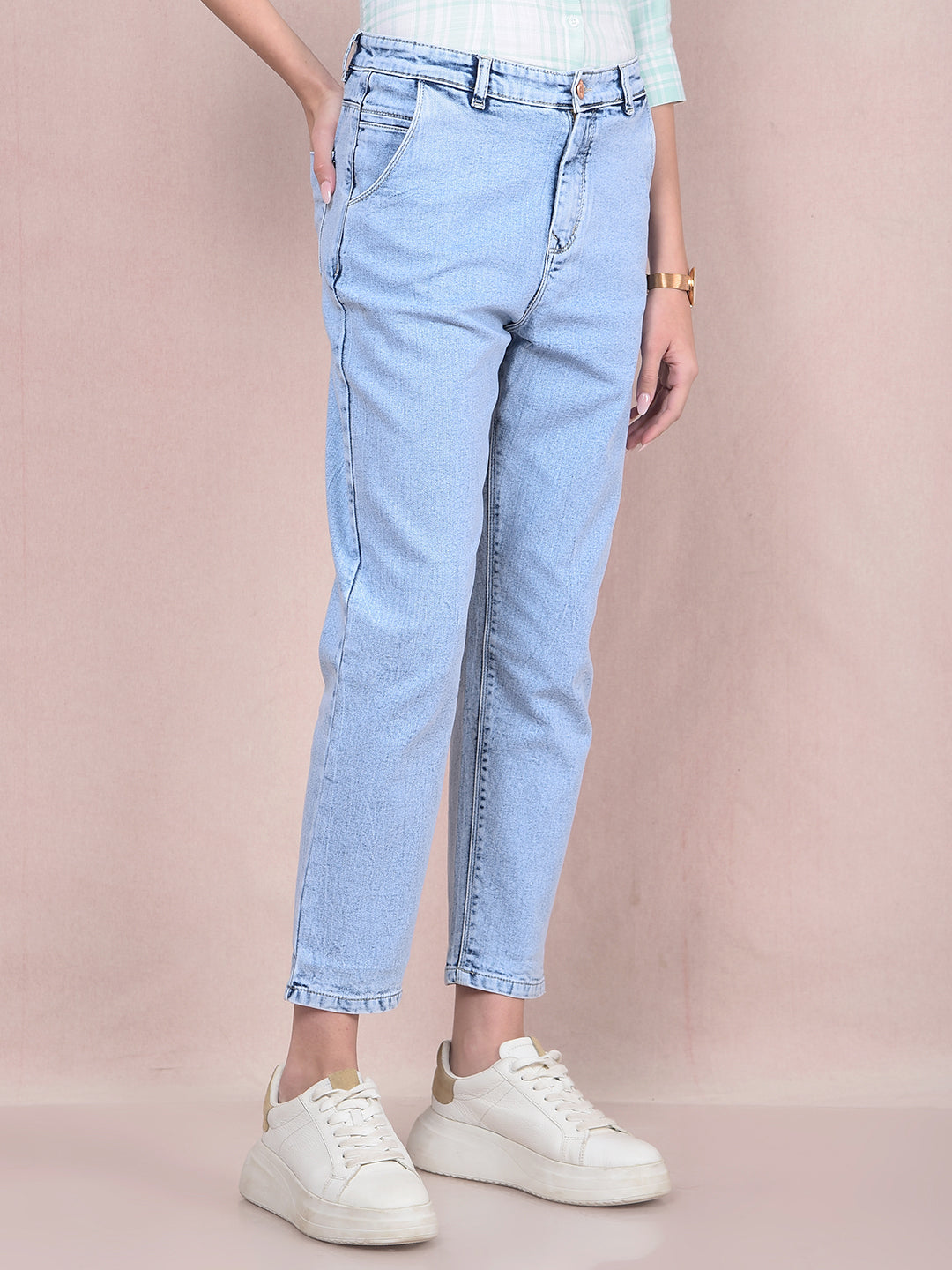 Blue Mom Fit Jeans-Women Jeans-Crimsoune Club