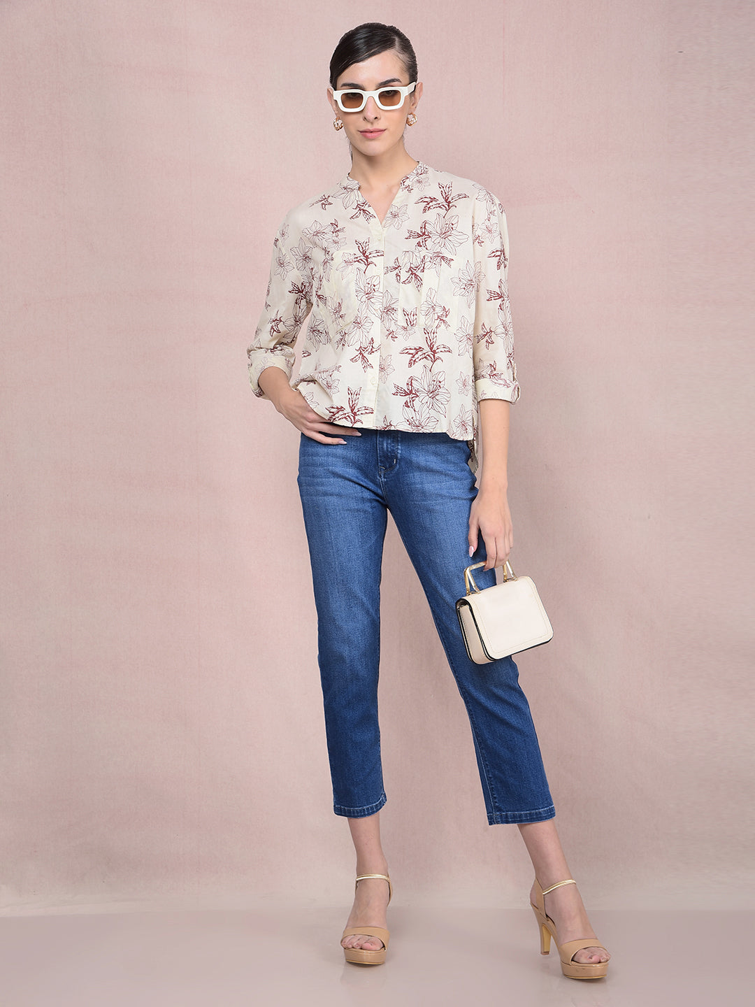 Blue Crop-Length Straight Jeans-Women Jeans-Crimsoune Club
