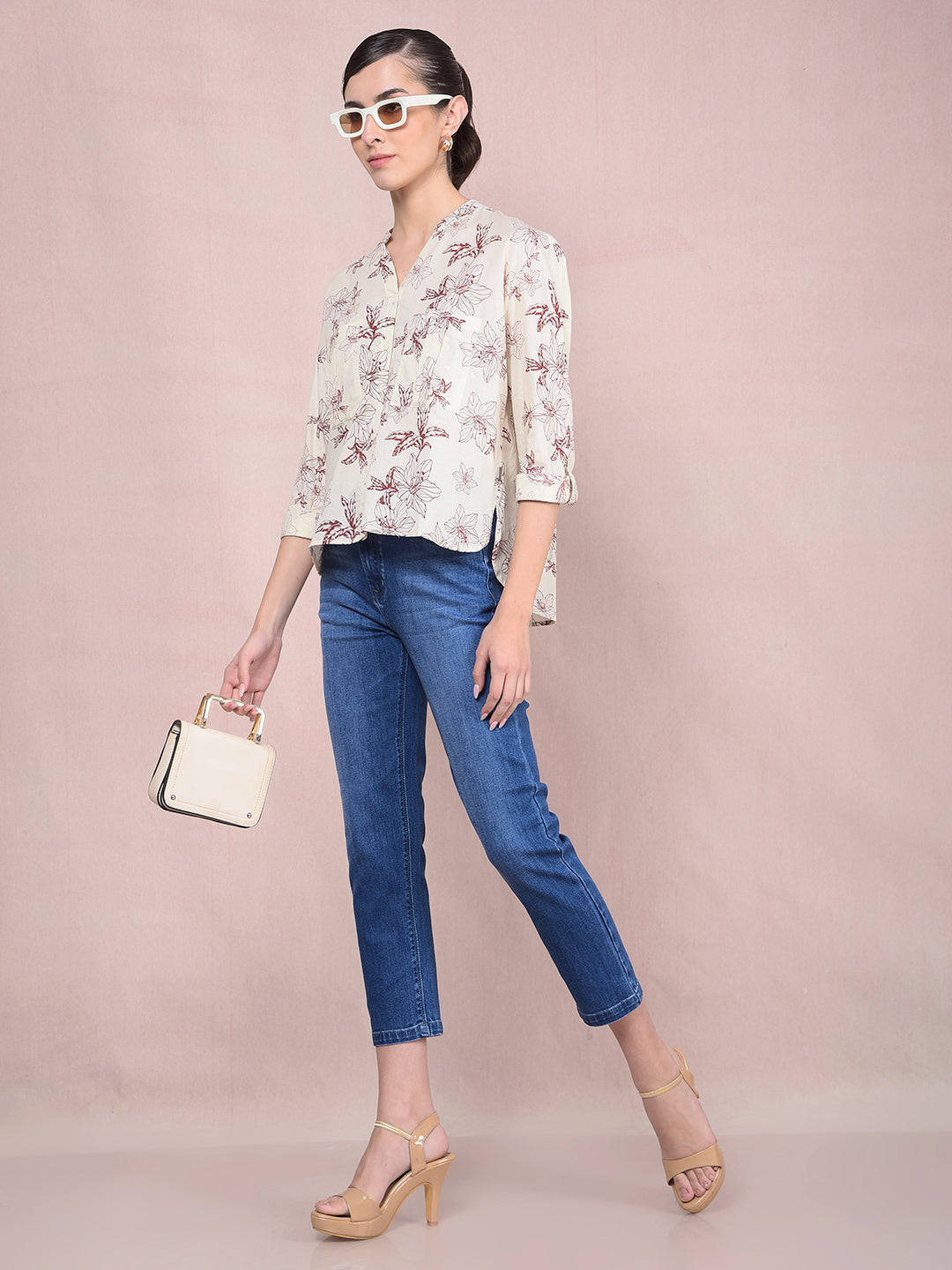 Blue Crop-Length Straight Jeans-Women Jeans-Crimsoune Club