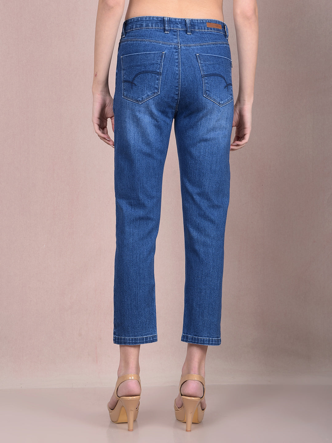 Blue Crop-Length Straight Jeans-Women Jeans-Crimsoune Club