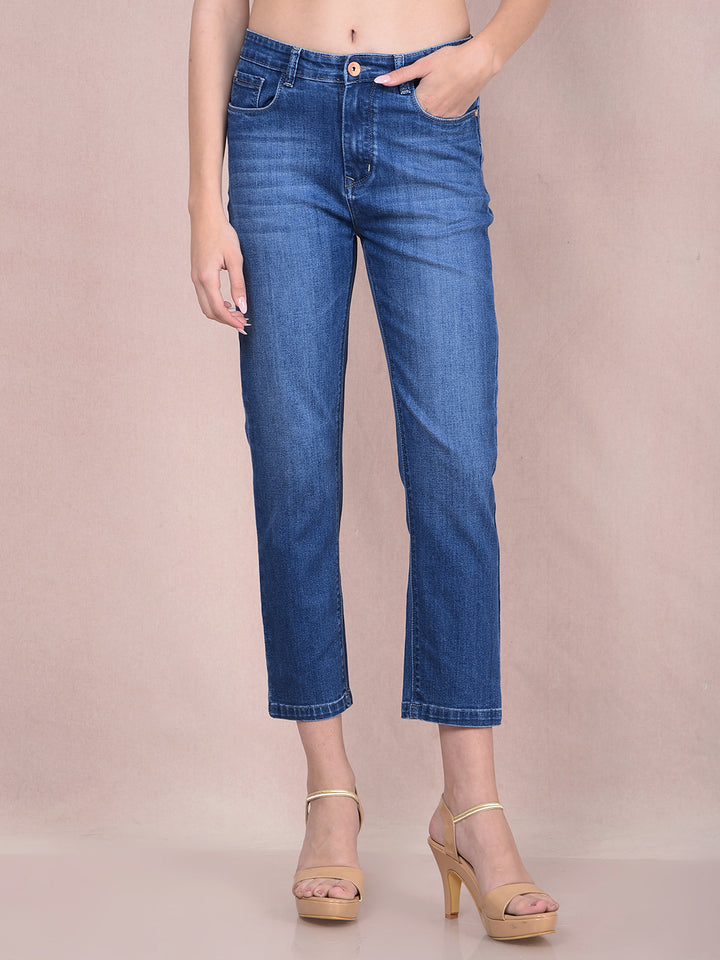 Blue Crop-Length Straight Jeans-Women Jeans-Crimsoune Club