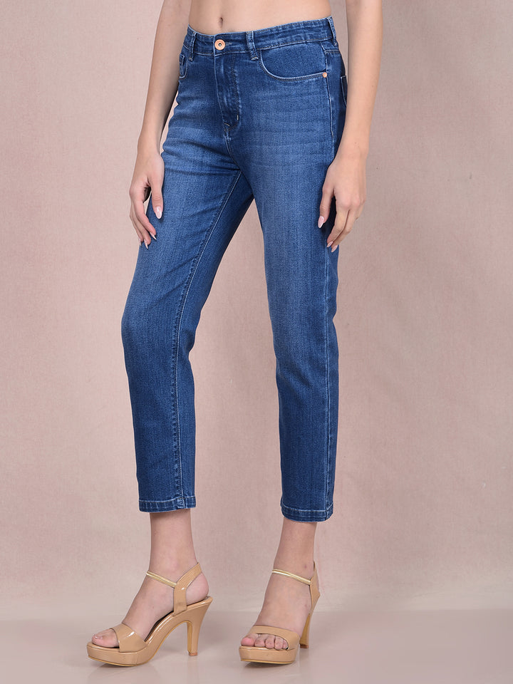 Blue Crop-Length Straight Jeans-Women Jeans-Crimsoune Club