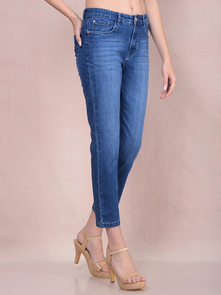 Blue Crop-Length Straight Jeans-Women Jeans-Crimsoune Club