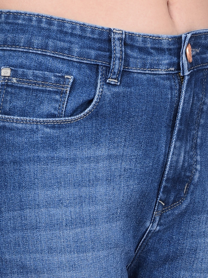 Blue Crop-Length Straight Jeans-Women Jeans-Crimsoune Club