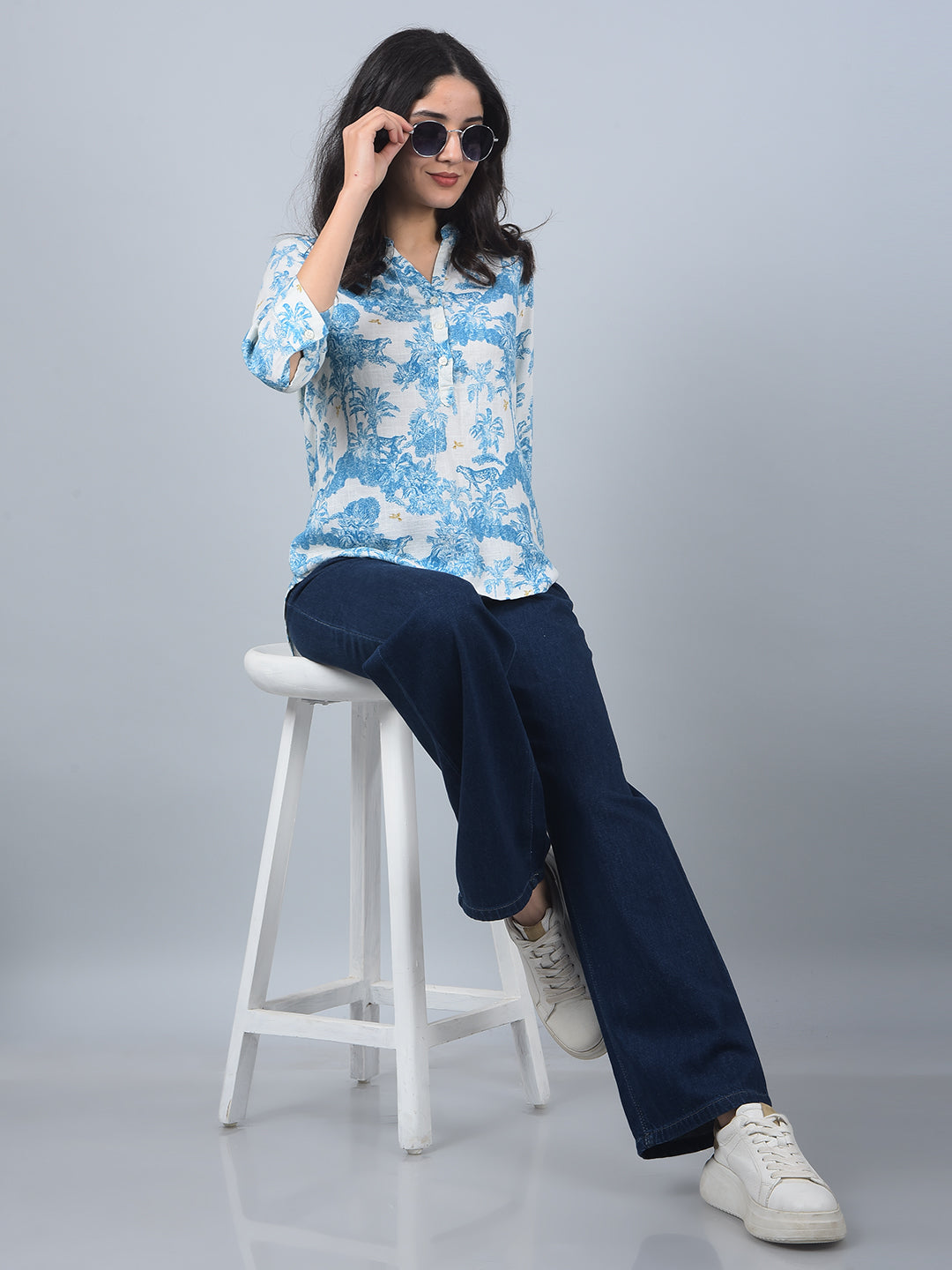 Navy Blue Wide-Leg 100% Cotton Jeans-Women Jeans-Crimsoune Club