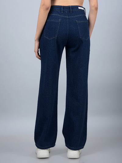 Navy Blue Wide-Leg 100% Cotton Jeans-Women Jeans-Crimsoune Club