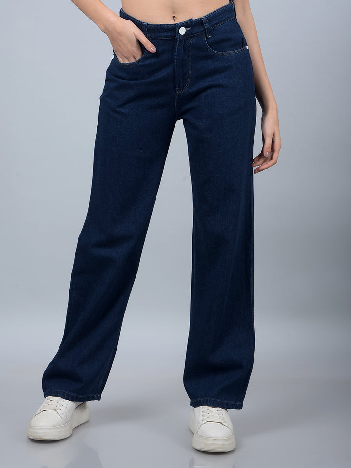 Navy Blue Wide-Leg 100% Cotton Jeans-Women Jeans-Crimsoune Club