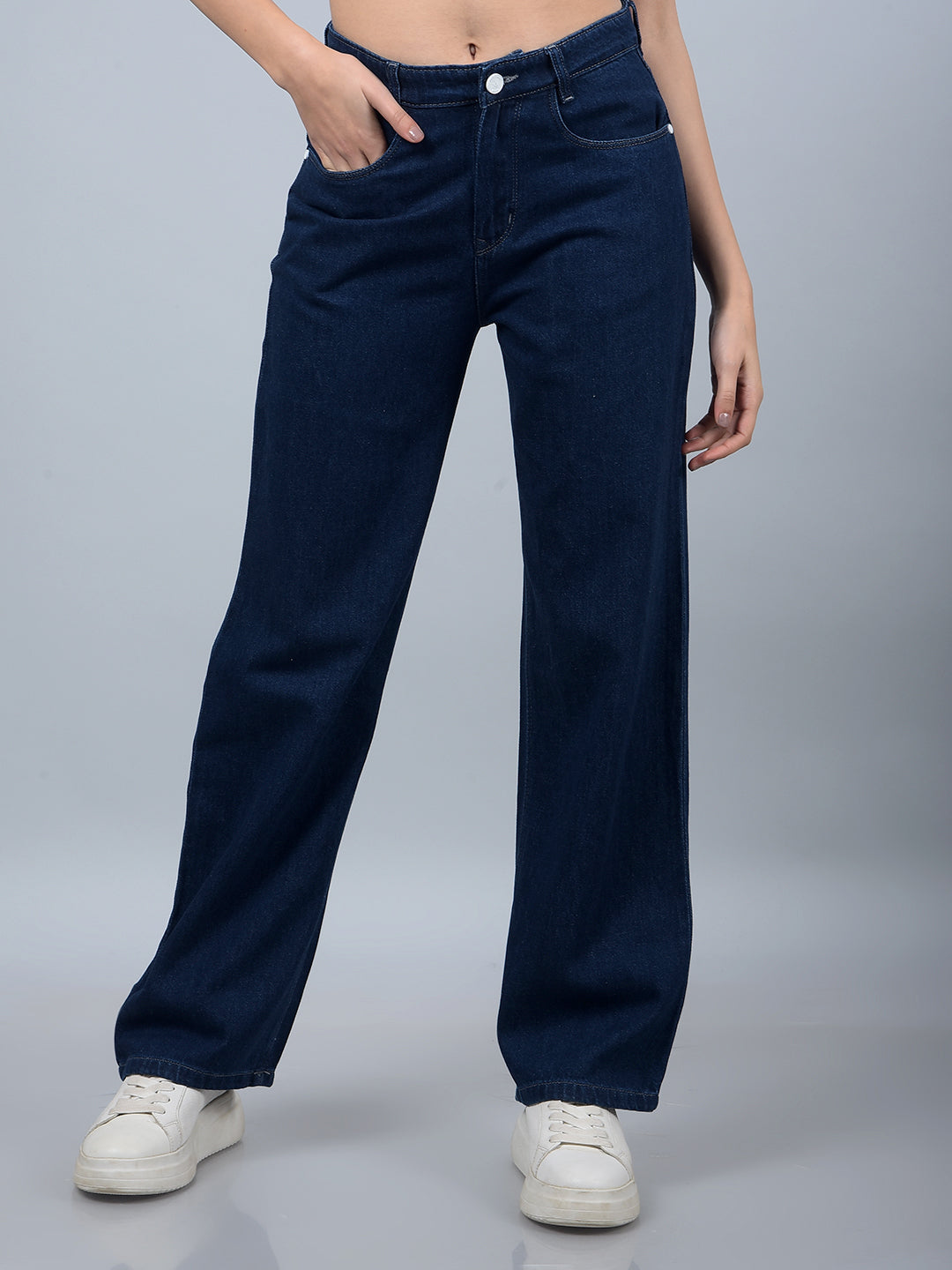 Navy Blue Wide-Leg 100% Cotton Jeans-Women Jeans-Crimsoune Club