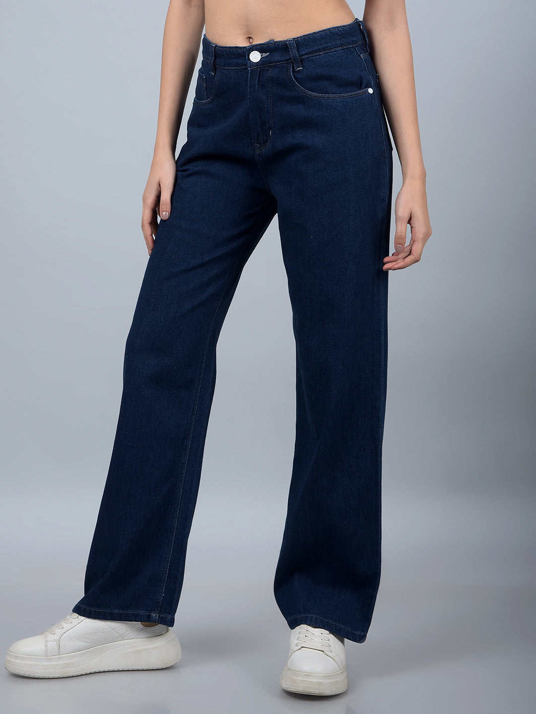 Navy Blue Wide-Leg 100% Cotton Jeans-Women Jeans-Crimsoune Club